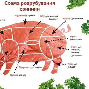 Свинина в полутушах,  лопатка,  окорок,  ошеек,  тримминг,  субпродукты